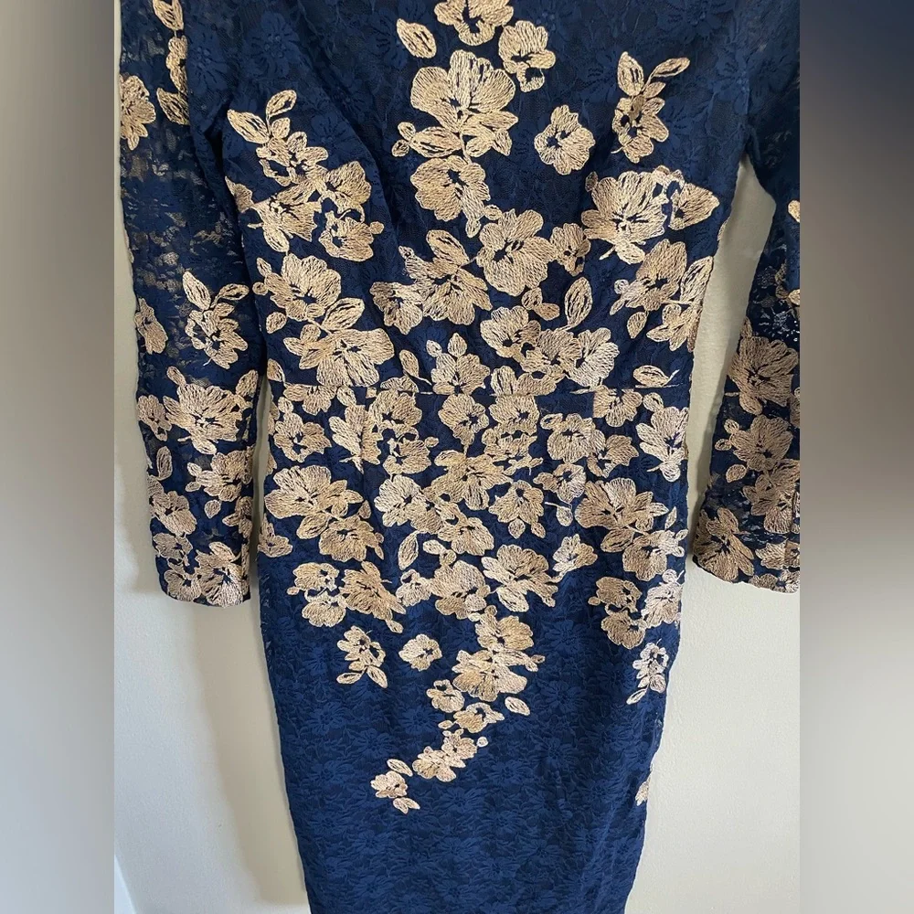 WORN on TV Navy and Gold Lace Dress AVERY G
